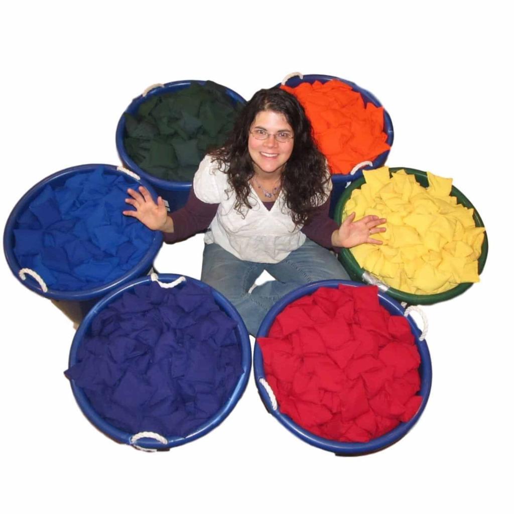 Founder Janet Stephens Bear Paw Creek Creative Movement Products Wiwth 2.400 Four Inch Square Bean Bags in Rainbow