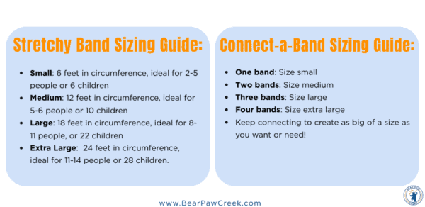 Image shows sizing information for Stretchy Bands and Connect-a-Bands.