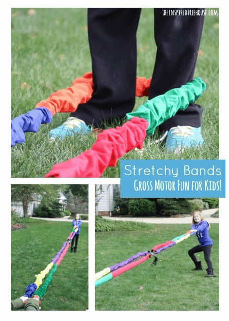 Large Motor Skills and the Stretchy Band child development skills including proprioception, strength, motor planning, balance, and midline crossing.