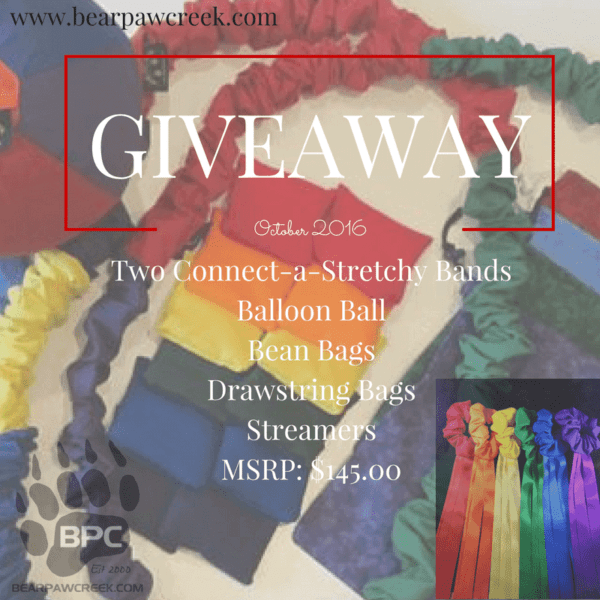 Oct 2016 Giveaway, connect-a-stretchy bands, balloong ball, bean bags, drawstring bag, streamers