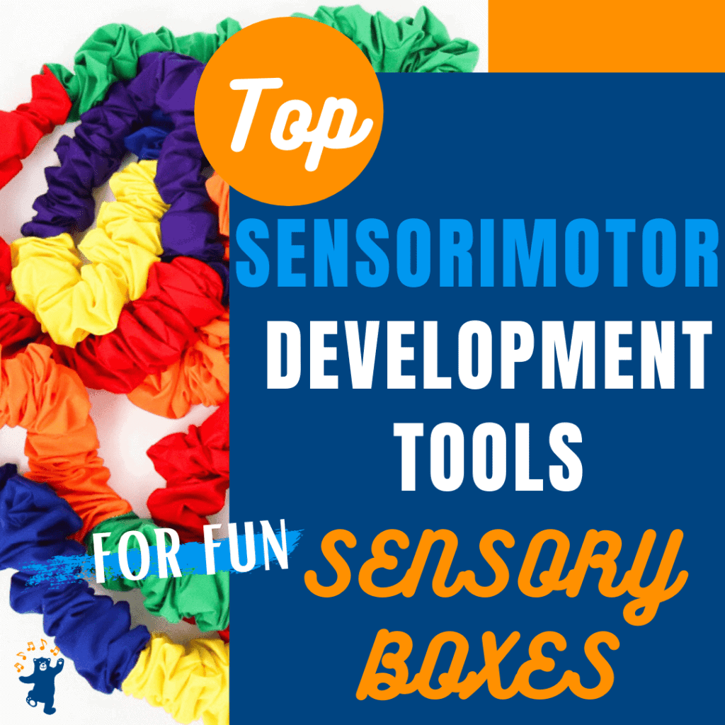 Sensorimotor development tools for sensory boxes with stretchy band beanbags scarves and streamers and snowballs