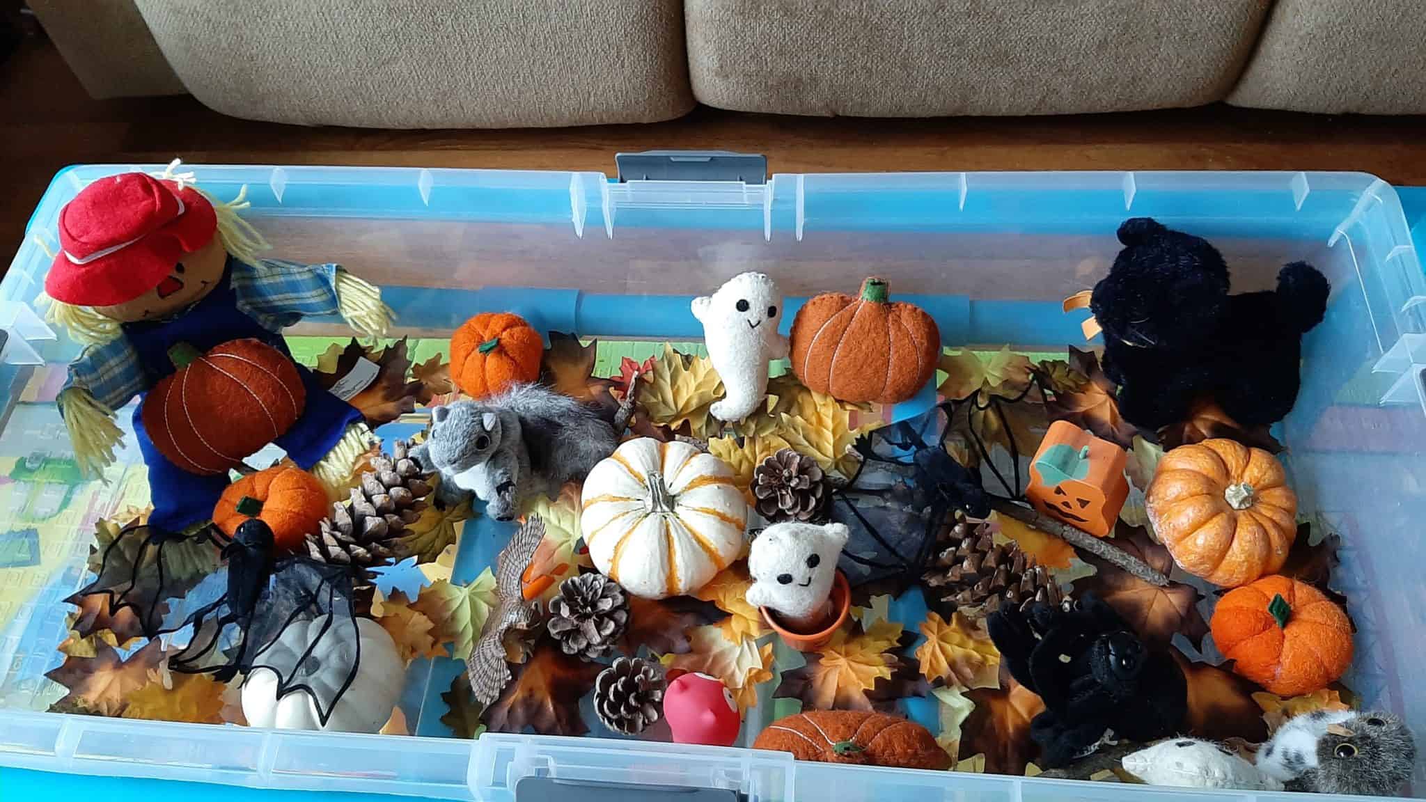 Fall Themed Sensory Table With Preschool Songs, Activities and Books