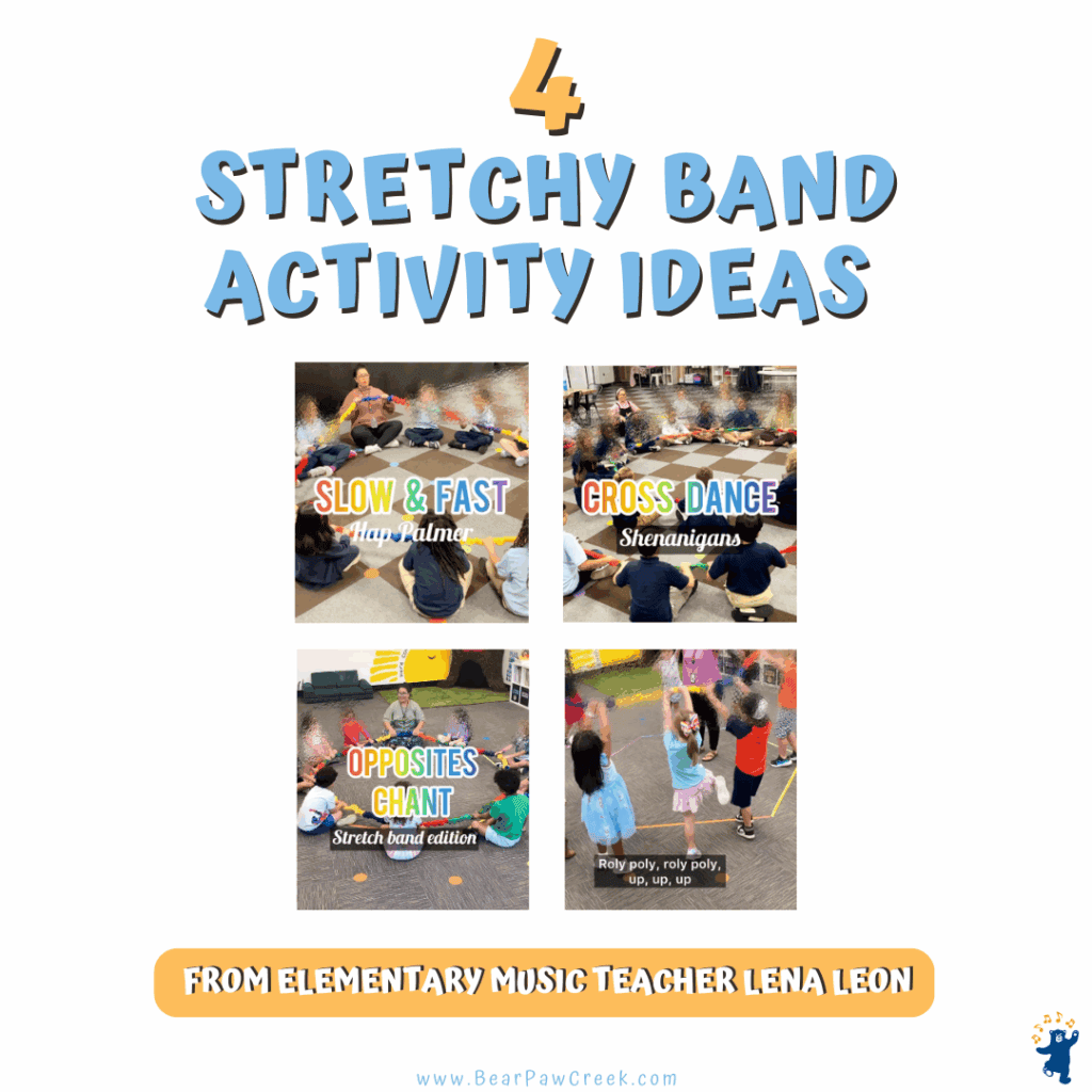 The words 4 Stretchy Band Activity Ideas in bright blue and yellow color are at the top of the image. Four pictures of students and a teacher using a Stretchy Band are in the middle. Small blue bear representing bear paw creek's logo is in the bottom right corner with the website www.bearpawcreek.com listed at the bottom of the square image.