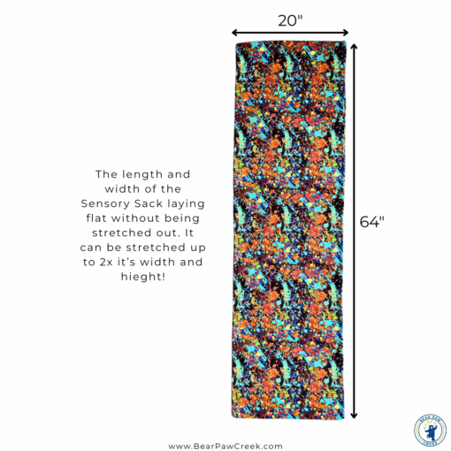 Image shows the bright and colorful sensory sack flat with it's measurements. Sixty four inches long and 20" wide.