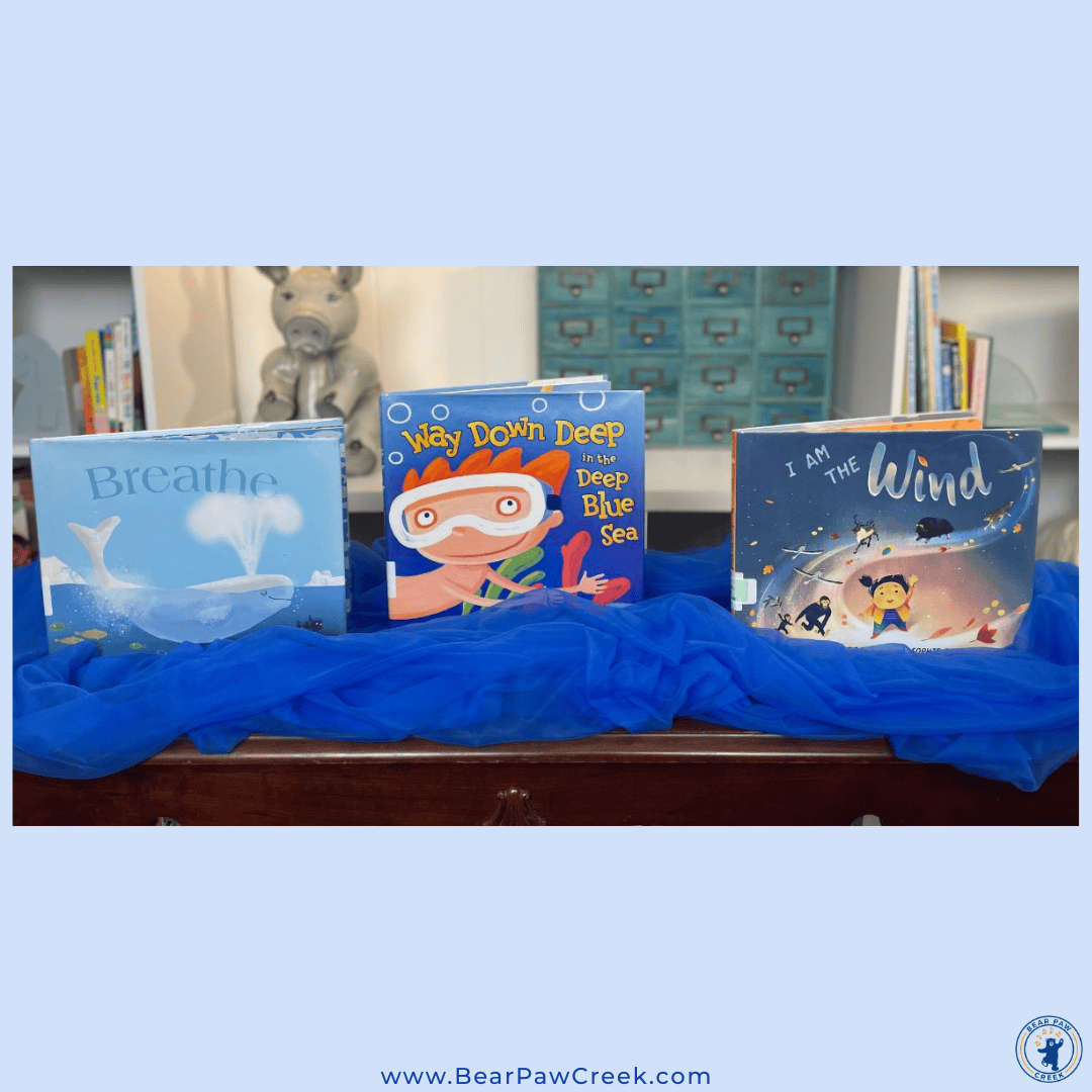 Three books are sitting on top of the nine foot blue canopy scarf.