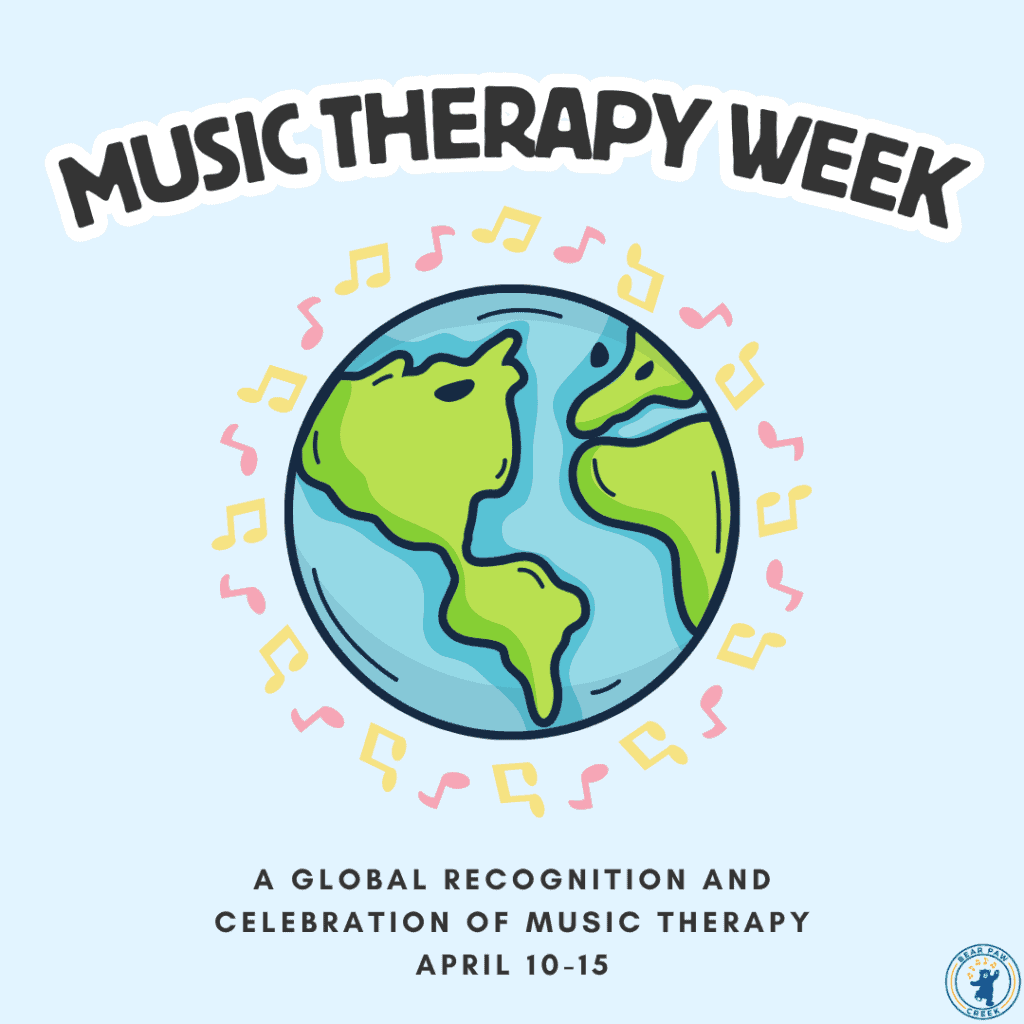 A globe surrounded by music notes with words above saying Music Therapy Week