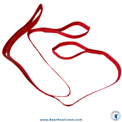 Red Tinikling Cord laid out showing hook and loop closure.